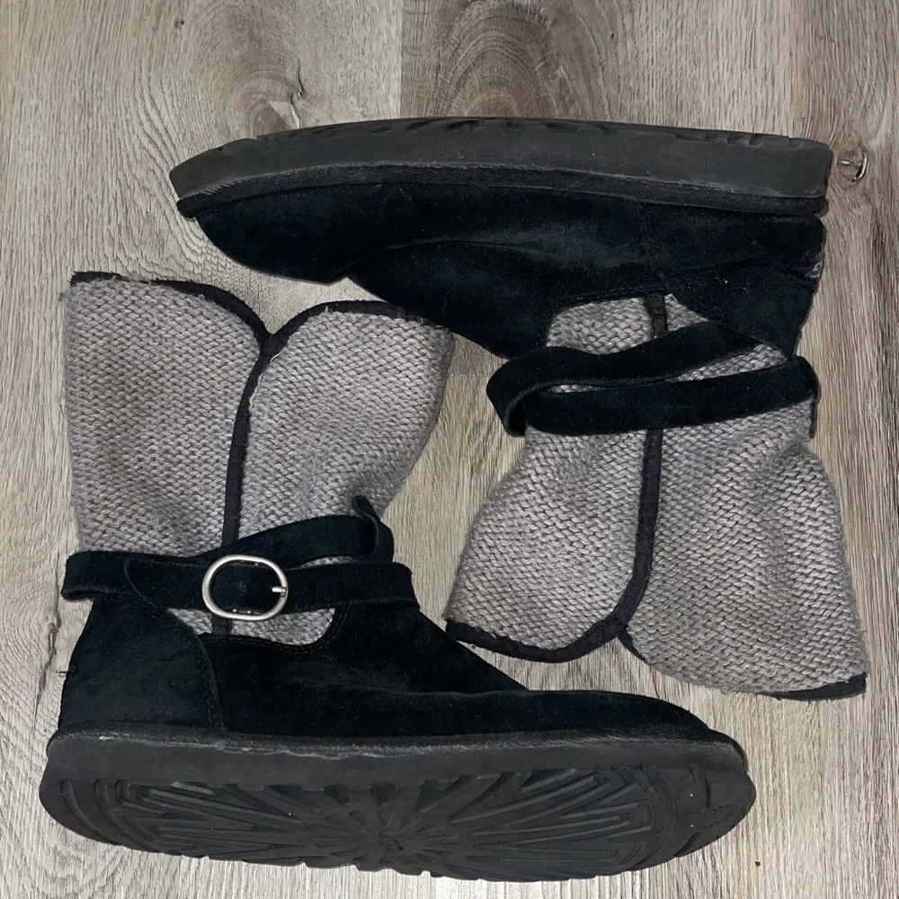 UGG Australia Nyla boots in black suede with a gray knit shaft and buckle strap